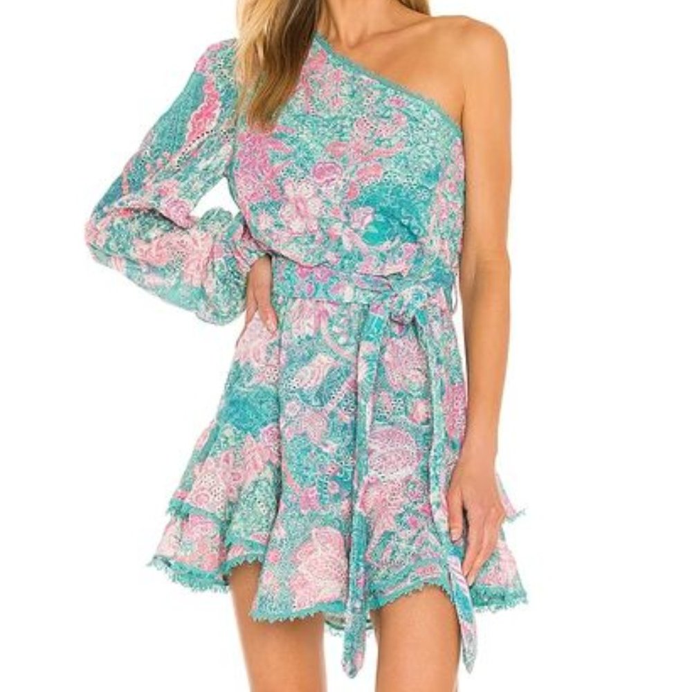 HEMANT AND NANDITA Kefi One Shoulder Mini Dress in Blue & Pink - size XS NWOT